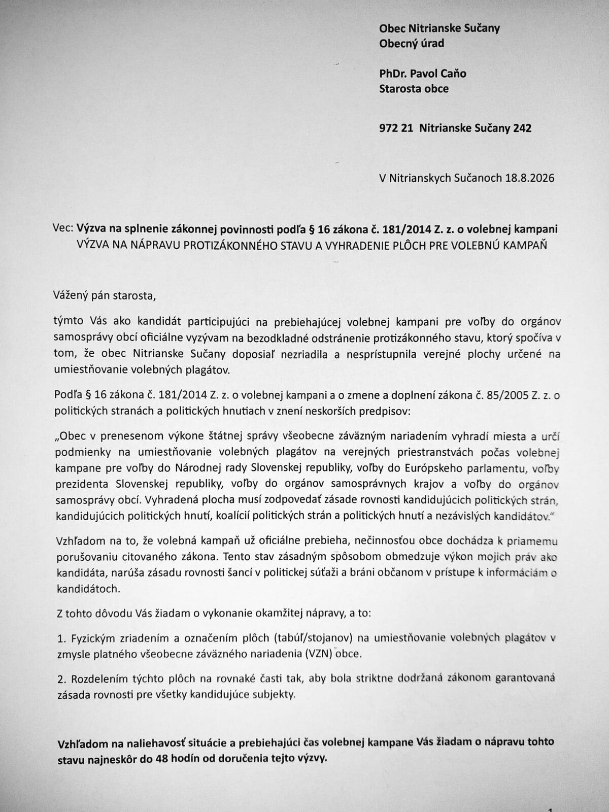Prvá strana výzvy adresovanej Obecnému úradu Nitrianske Sučany s citáciou § 16 zákona č. 181/2014 Z. z. o volebnej kampani a žiadosťou o zriadenie plôch na volebné plagáty