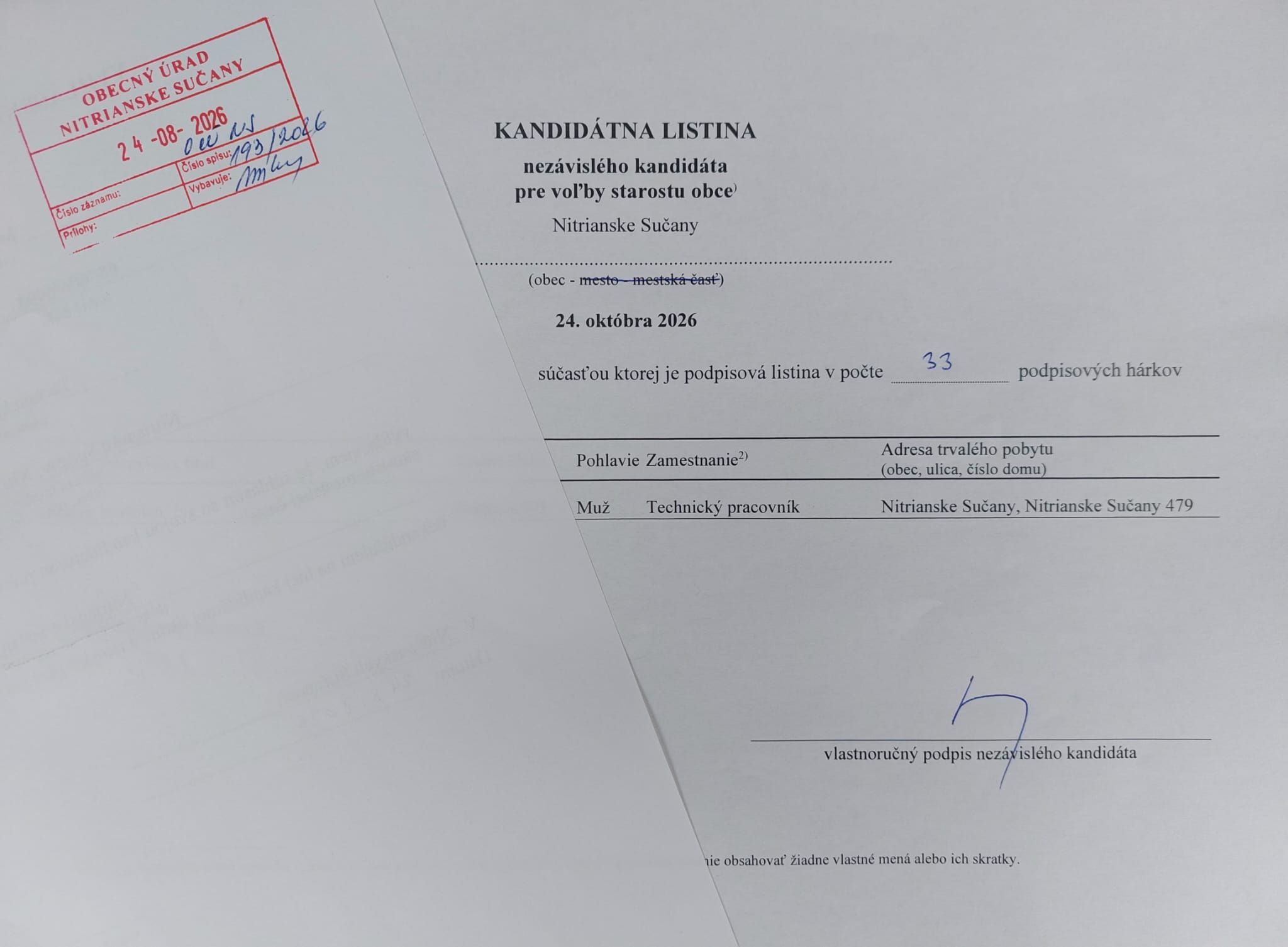 Kandidátna listina nezávislého kandidáta Ing. Mareka Bartolena pre voľby starostu obce Nitrianske Sučany, s podacou pečiatkou Obecného úradu Nitrianske Sučany z 24. 8. 2026